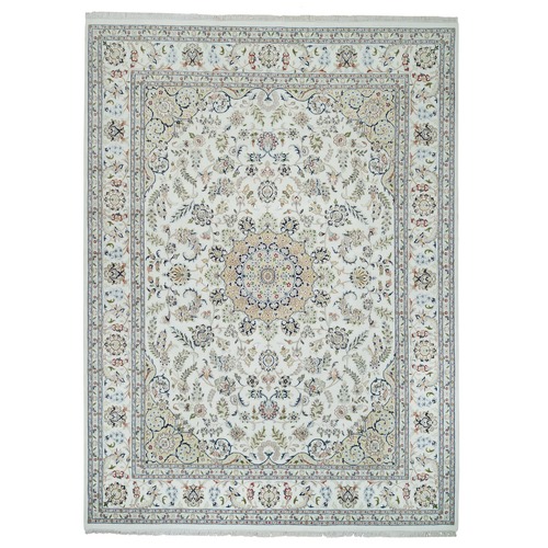 Ivory, Nain with Center Medallion Flower Design, 250 KPSI, 100% Wool, Hand Knotted, Oriental Rug