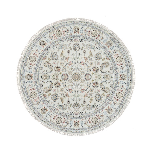 Ivory, 250 KPSI Extra Soft Wool, Hand Knotted Nain with All Over Flower Design, Round Oriental Rug