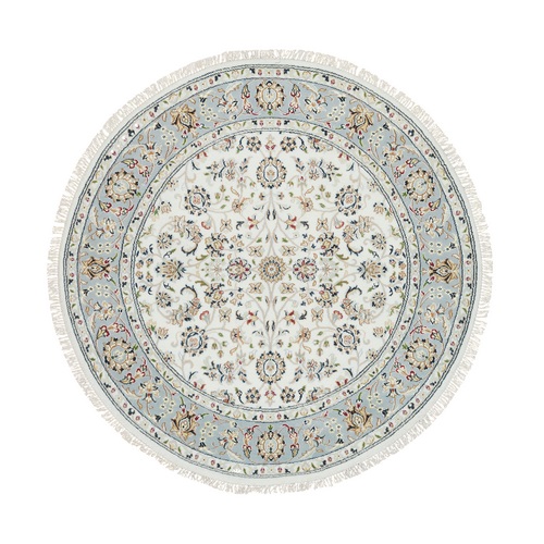 Ivory, Hand Knotted Nain with All Over Flower Design, 250 KPSI 100% Wool, Round Oriental Rug