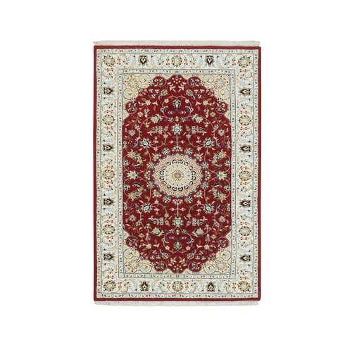 Burgundy Red, Nain with Center Medallion Flower Design, 250 KPSI, Natural Wool, Hand Knotted, Oriental 