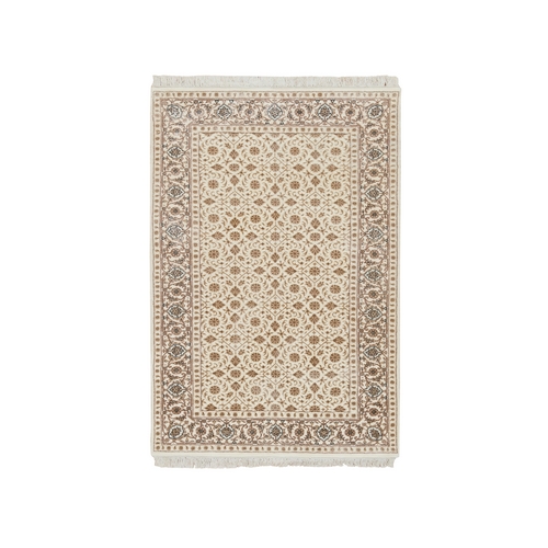 Ivory, Hand Knotted Herati with All Over Fish Mahi Design, 250 KPSI Densely Woven Extra Soft Wool, Oriental Rug
