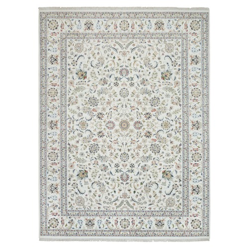 Ivory, 250 KPSI Organic Wool, Hand Knotted Nain with All Over Flower Design, Oriental Rug