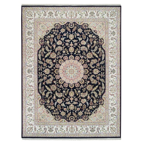 Midnight Blue, Nain with Center Medallion Flower Design, 250 KPSI, Hand Knotted, Soft Wool, Oriental Rug