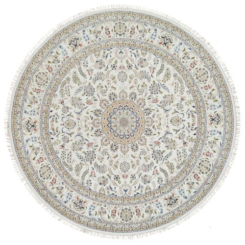 Ivory, Nain with Center Medallion Flower Design, 250 KPSI, Natural Wool, Hand Knotted, Round Oriental Rug