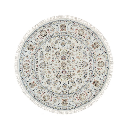 Ivory, Hand Knotted Nain with All Over Flower Design, 250 KPSI Extra Soft Wool, Round Oriental Rug