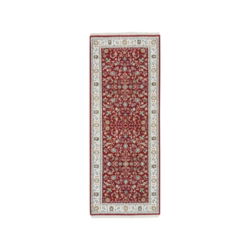 Cherry Red, Nain with All Over Flower Design 250 KPSI, Natural Wool Hand Knotted, Runner Oriental Rug Cherry Red, Nain with All Over Flower Design 250 KPSI, Natural Wool Hand Knotted, Runner Oriental Rug