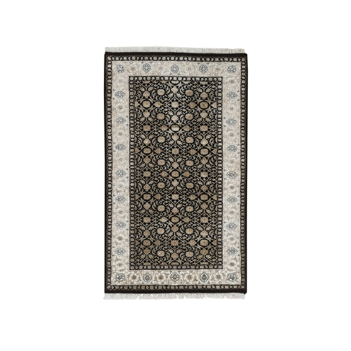 Eerie Black, Super Fine Weave Natural Wool, Hand Knotted Herati with All Over Fish Mahi Design, 250 KPSI, Oriental Rug