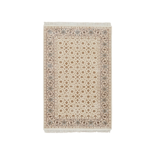 Ivory, Soft Wool Hand Knotted, Herati with All Over Fish Mahi Design, 250 KPSI Densely Woven, Oriental Rug
