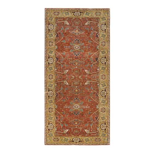 Terracotta Red, Antiqued Fine Heriz Re-Creation, Hand Knotted, Soft Wool, Wide Runner Oriental 
