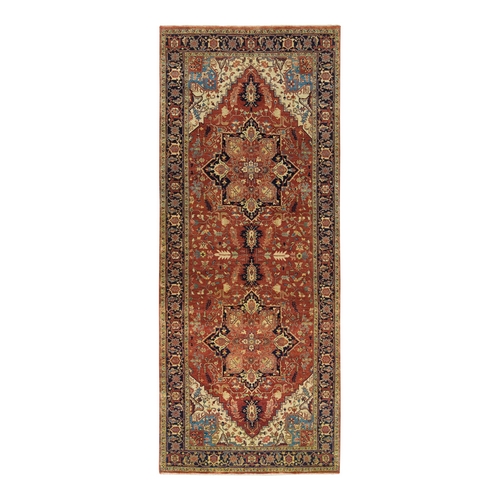 Terracotta Red, Densely Woven Pure Wool, Hand Knotted Antiqued Fine Heriz Re-Creation, Natural Dyes, Wide Runner Oriental 