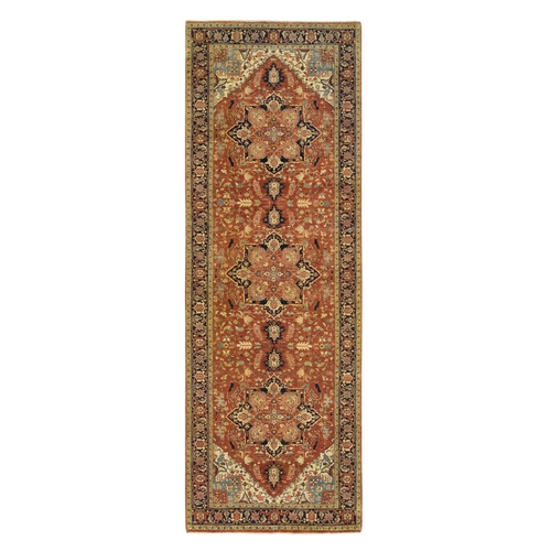Terracotta Red, Natural Dyes Dense Weave, Organic Wool Hand Knotted, Antiqued Fine Heriz Re-Creation, Wide Runner Oriental Rug