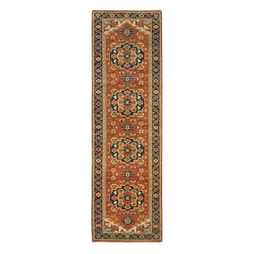 Terracotta Red, Antiqued Fine Heriz Re-Creation, Natural Dyes Densely Woven, Natural Wool Hand Knotted, Runner Oriental Rug