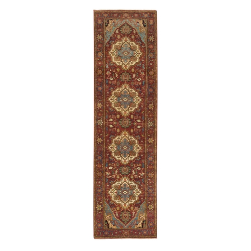 Terracotta Red, Hand Knotted, Antiqued Fine Heriz Re-Creation, Densely Woven, Natural Dyes, Soft Wool, Runner Oriental Rug