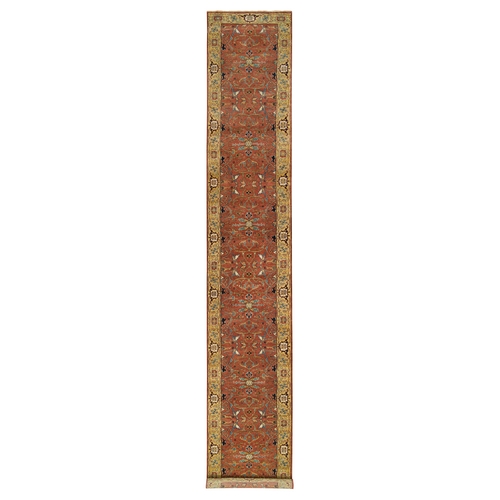 Terracotta Red, Antiqued Fine Heriz Re-Creation, Hand Knotted, Pure Wool, Runner Oriental Rug