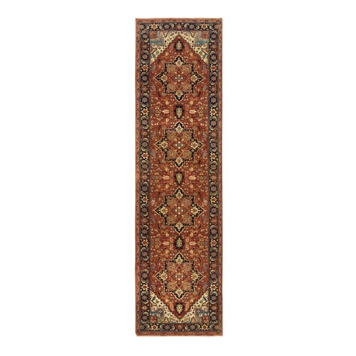 Terracotta Red, Antiqued Fine Heriz Re-Creation, Natural Dyes Densely Woven, Pure Wool Hand Knotted, Runner Oriental Rug