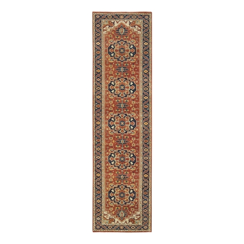 Terracotta Red, Hand Knotted Antiqued Fine Heriz Re-Creation, Natural Dyes Dense Weave, Extra Soft Wool, Runner Oriental Rug