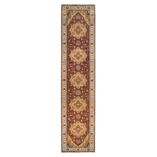 Terracotta Red, Antiqued Fine Heriz Re-Creation, Natural Dyes Dense Weave, Organic Wool Hand Knotted, Runner Oriental 