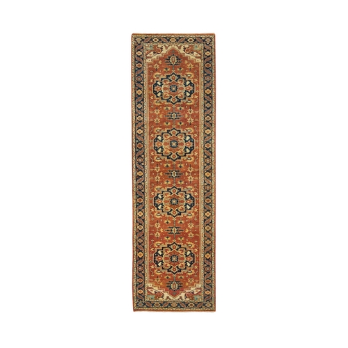Terracotta Red, Densely Woven Natural Wool, Hand Knotted Antiqued Fine Heriz Re-Creation, Natural Dyes, Runner Oriental Rug