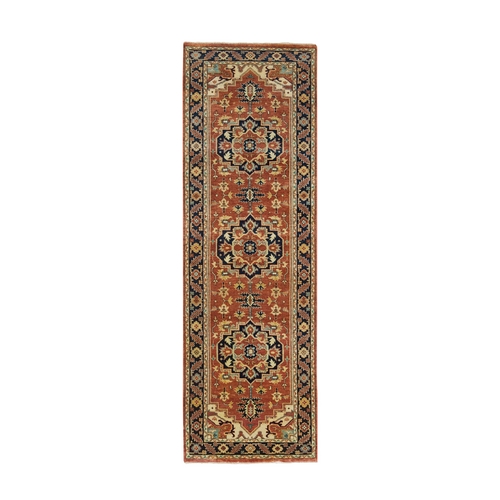 Terracotta Red, Natural Dyes Densely Woven, 100% Wool Hand Knotted, Antiqued Fine Heriz Re-Creation, Runner Oriental Rug