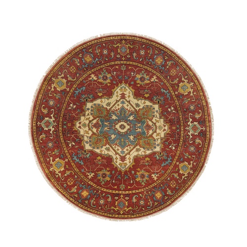Terracotta Red, Hand Knotted, Antiqued Fine Heriz Re-Creation, Dense Weave, Natural Dyes, Natural Wool, Round Oriental Rug