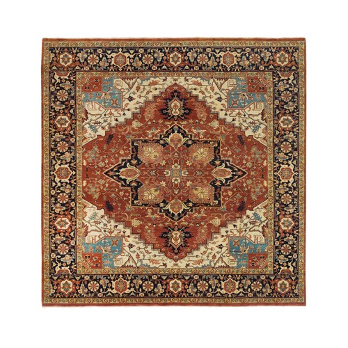 Terracotta Red, Densely Woven 100% Wool, Hand Knotted Antiqued Fine Heriz Re-Creation, Natural Dyes, Square Oriental Rug