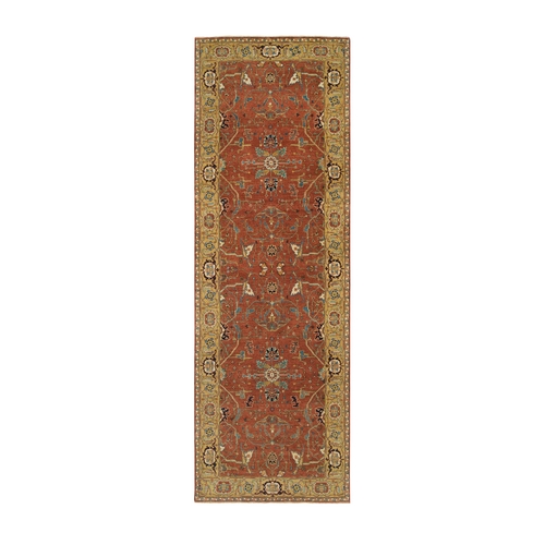 Terracotta Red, Antiqued Fine Heriz Re-Creation, Hand Knotted, Organic Wool, Wide Runner Oriental Rug
