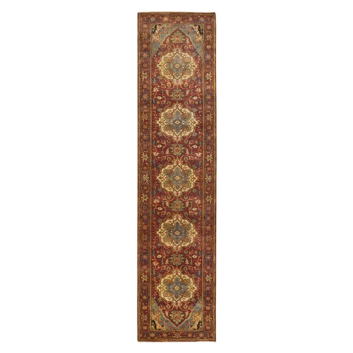 Terracotta Red, Hand Knotted, Antiqued Fine Heriz Re-Creation, Dense Weave, Natural Dyes, Pure Wool, Runner Oriental Rug