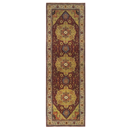 Terracotta Red, Pure Wool Hand Knotted, Antiqued Fine Heriz Re-Creation, Natural Dyes Densely Woven, Wide Runner Oriental Rug