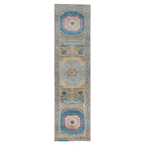 Colorful, Hand Knotted Mamluk Design with Geometric Medallions, Textured Wool and Silk, Runner Oriental 