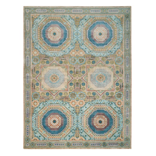 Colorful, Hand Knotted Mamluk Design with Geometric Medallions, Textured Wool and Silk, Oriental Rug