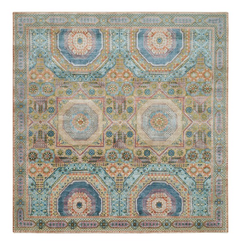 Colorful, Hand Knotted Mamluk Design with Geometric Medallions, Textured Silk and Wool, Square Oriental 