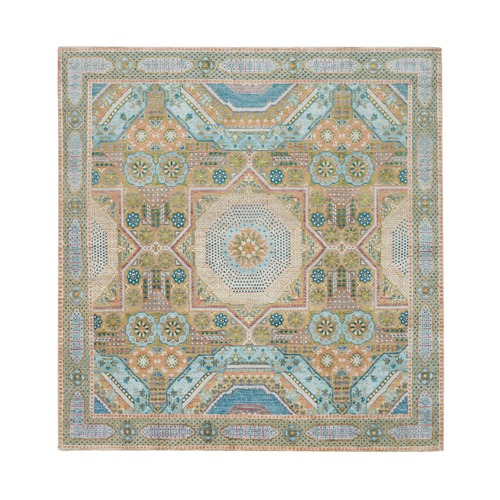 Colorful, Hand Knotted Mamluk Design with Geometric Medallions, Textured Wool and Silk, Square Oriental 