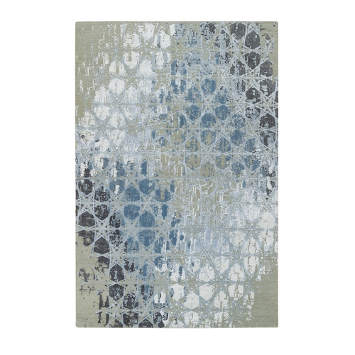 Gray and Blue, THE HONEYCOMB Award Winning Design, Hand Knotted Wool and Silk, Oriental Rug