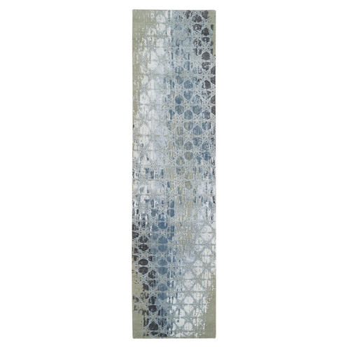 Gray and Blue, THE HONEYCOMB Award Winning Design, Hand Knotted Wool and Silk, Runner Oriental Rug