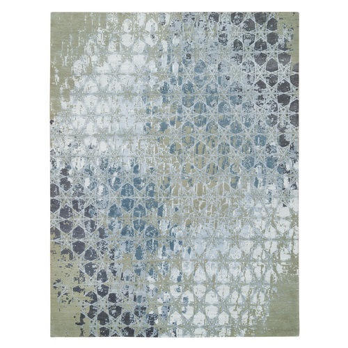 Gray and Blue, Wool and Silk THE HONEYCOMB Award Winning Design, Hand Knotted, Oriental Rug