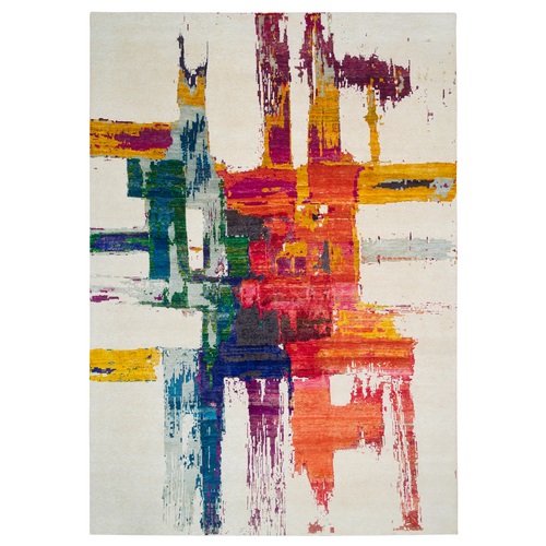 Colorful, Modern Design Abstract Motifs with Painter's Brush Strokes, Wool and Sari Silk, Hand Knotted Oriental Rug