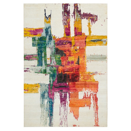 Colorful, Hand Knotted Modern Design Abstract Motifs with Painter's Brush Strokes, Wool and Sari Silk, Oriental Rug