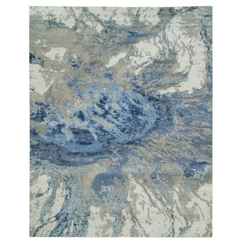 Gray and Blue, Hand Knotted Abstract Design, Hi-Low Pile Wool and Silk, Oversized Oriental Rug