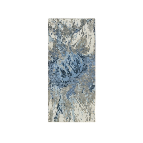 Gray and Blue, Hand Knotted Abstract Design, Hi-Low Pile Wool and Silk, Runner Oriental Rug