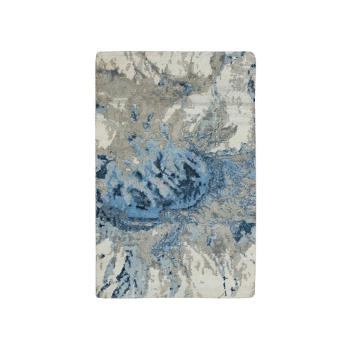 Gray and Blue, Hi-Low Pile Wool and Silk, Hand Knotted Abstract Design, Mat Oriental Rug