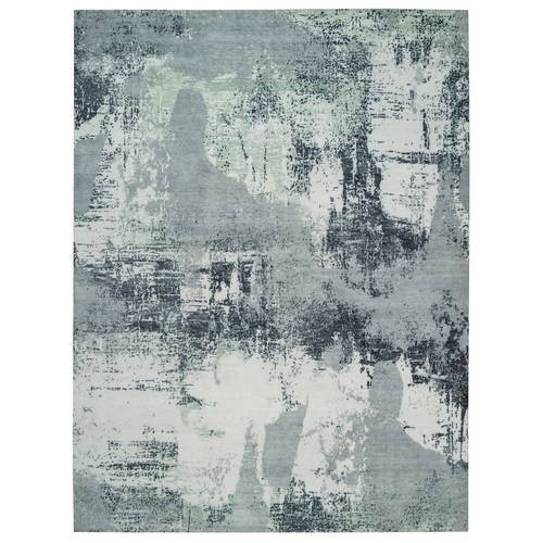 Ash Gray, Modern Abstract Design, Dense Weave Soft Pile, Pure Wool Hand Knotted, Oriental Rug