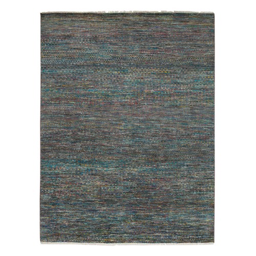 Colorful, Modern Striae Design Soft Pile, Wool and Sari Silk Hand Knotted, Oriental Rug