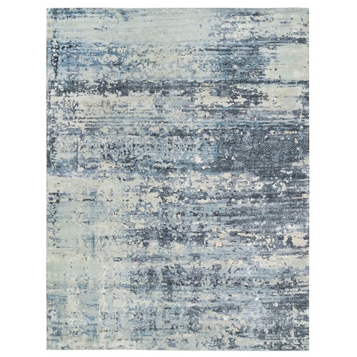 Blue and Gray, Modern Abstract with Mosaic Design, Wool and Silk Hand Knotted, Oversized Oriental 