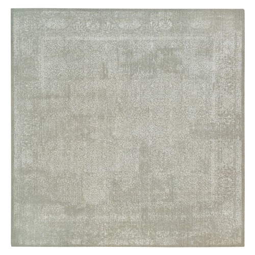 Beige Fine Jacquard with Erased Design, Hand Loomed, Wool and Plant Based Silk, Oriental Square 