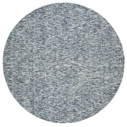 Blue and Ivory, Soft to the Touch Pure Wool, Hand Loomed Modern Striae Design, Round Oriental Rug