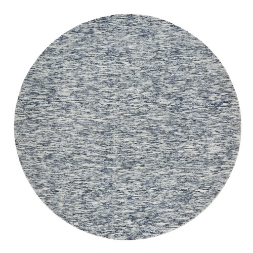 Blue and Ivory, Soft to the Touch Pure Wool, Hand Loomed Modern Striae Design, Round Oriental Rug