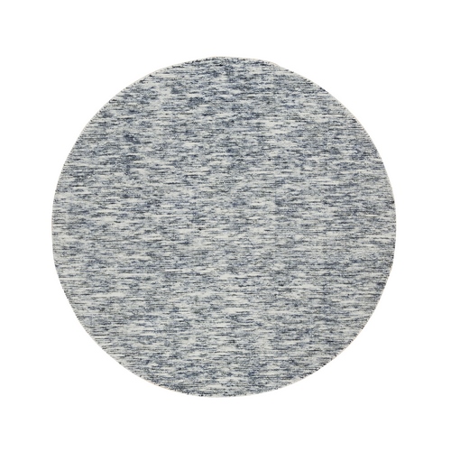 Blue and Ivory, Modern Striae Design Soft Pile, Pure Wool Hand Loomed, Round Oriental Rug