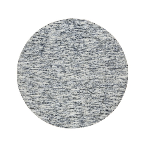 Blue and Ivory, Soft to the Touch Pure Wool, Hand Loomed Modern Striae Design, Round Oriental Rug Blue and Ivory, Soft to the Touch Pure Wool, Hand Loomed Modern Striae Design, Round Oriental Rug