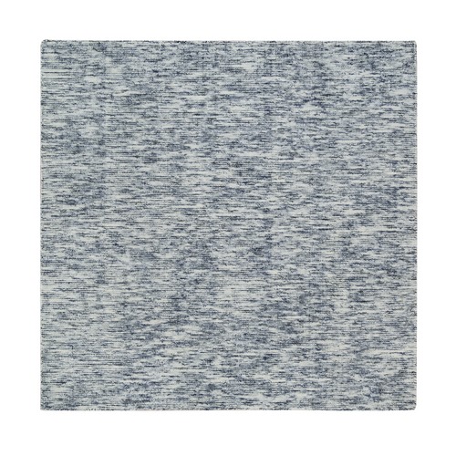 Blue and Ivory, Modern Striae Design Soft Pile, Pure Wool Hand Loomed, Square Oriental 
