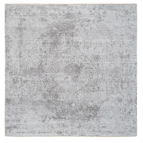 Gray, Broken Persian Design, Hand Knotted Wool and Pure Silk, Square Oriental Rug